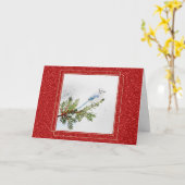 Blauwe Gaai op een Dennentak Kerstmis Kaart (Gele Bloem)