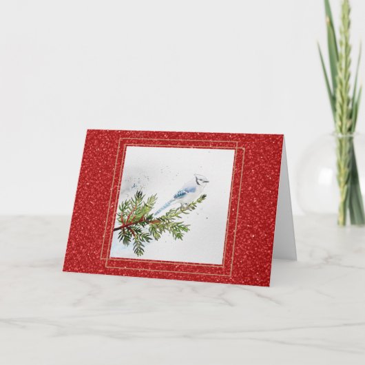 Blauwe Gaai op een Dennentak Kerstmis Kaart (Voorkant)
