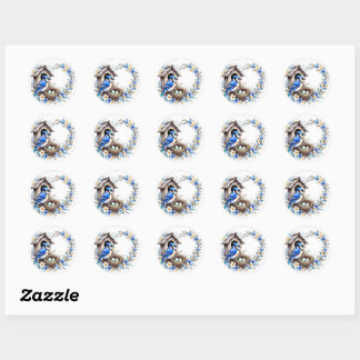 Blauwe gaai op nestkast met nest en bloemen – Illu Ronde Sticker