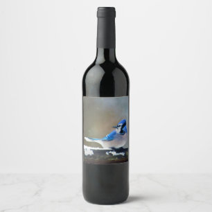 Blauwe Gaai Schilderij - Originele Vogel Kunst Wijn Etiket