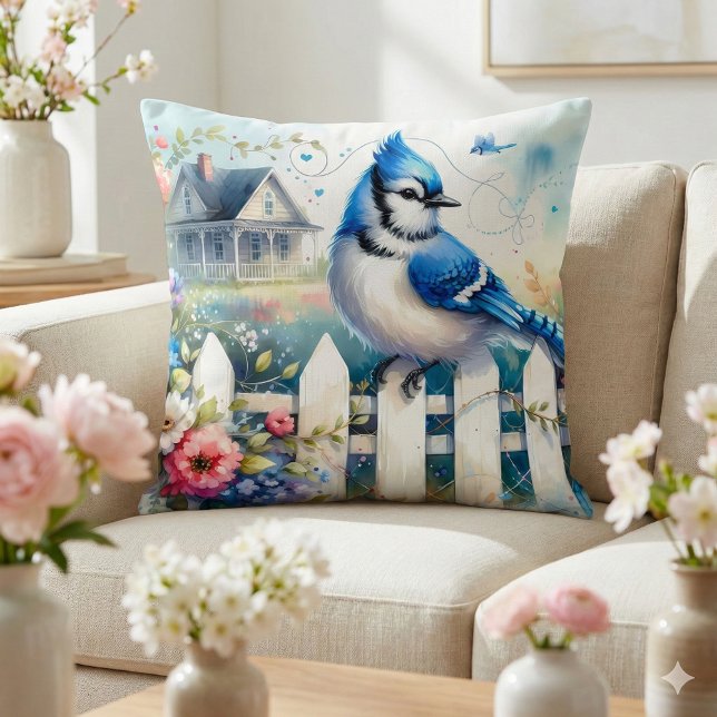 Blauwe Gaai Tuinhagescherm Scene Kussen (Blue Jay Cottage Garden Fence Scene Throw Pillow Mockup A)