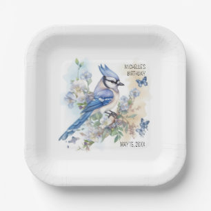 Blauwe Gaai Vogel Bloemen Lentebirthday Naam Papieren Bordje