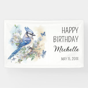 Blauwe Gaai Vogel Bloemen Lentebirthday Naam Spandoek