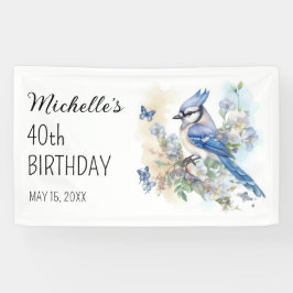 Blauwe Gaai Vogel Bloemrijke Lente 40e Verjaardag Spandoek