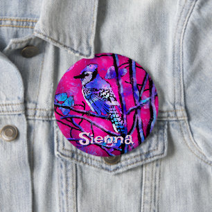 Blauwe Gaai Vogel Boomtak Roze Gepersonaliseerd Ronde Button 4,0 Cm