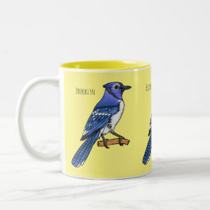 Blauwe gaai vogel cartoon illustratie tweekleurige koffiemok