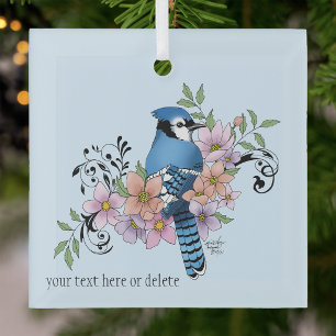 Blauwe Gaai Vogel Lente Bloemen Natuur Illustratie Glas Ornament