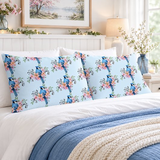 Blauwe Gaai Vogel Lente Bloemen Natuur Illustratie Kussensloop