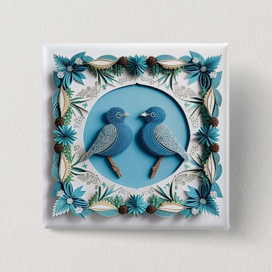 🪶 Blauwe Gaai Vogel Papier Kunst Cadeau Idee Vierkante Button 5,1 Cm (Voorkant)