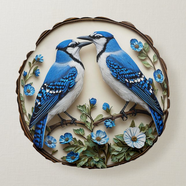 🌿 Blauwe Gaai Vogel Woonkamer Decor 🐦✨ Rond Kussen (Voorkant)