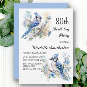 Blauwe Gaai Vogels Bloemen Lente 80e Verjaardag Kaart