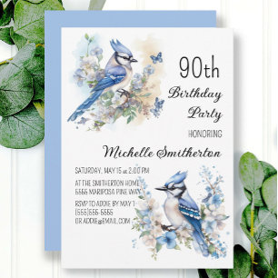 Blauwe Gaai Vogels Bloemen Lente 90e Verjaardag Kaart