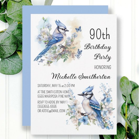 Blauwe Gaai Vogels Bloemen Lente 90e Verjaardag Kaart
