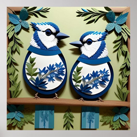 Blauwe Gaai Vogels Papier Kunst Poster (Voorkant)