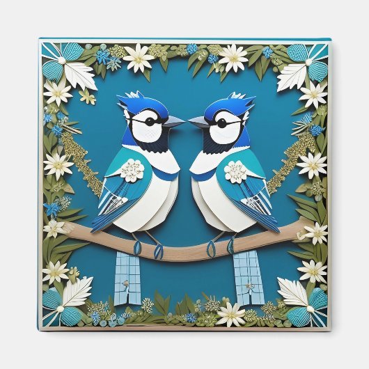 Blauwe Gaai Vogels Papier Kunst voor Natuur Liefhe Magneet (Voorkant)