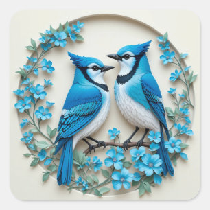 Blauwe Gaaien op Tak 🐦 Levendige Natuur Vogel Kun Vierkante Sticker