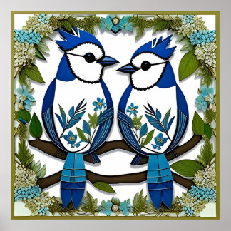 Blauwe Gaaien Papier Kunst Poster