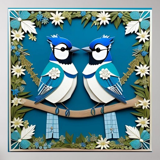 Blauwe Gaaien Papier Kunst Poster (Voorkant)