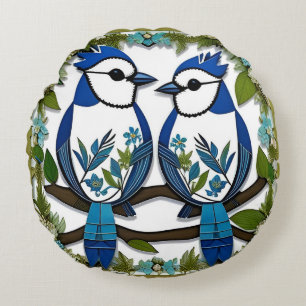 Blauwe Gaaien Papier Kunst Rond Kussen