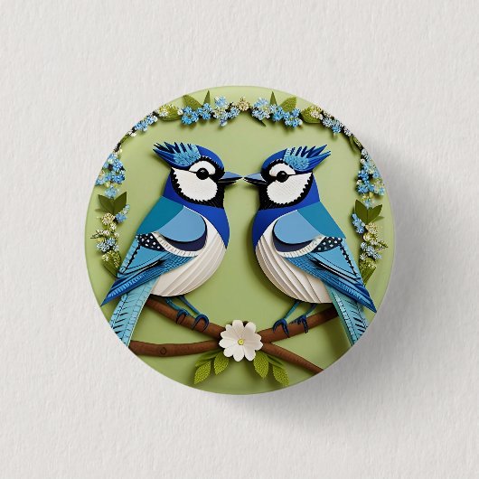 Blauwe Gaaien Papier Kunst Ronde Button 3,2 Cm (Voorkant)