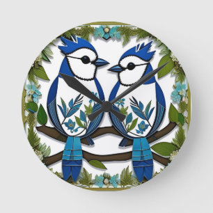 Blauwe Gaaien Papier Kunst Ronde Klok