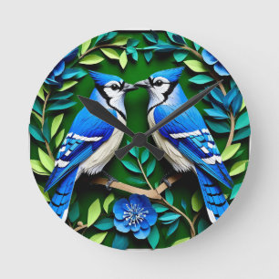Blauwe Gaaien Papier Kunst Ronde Klok