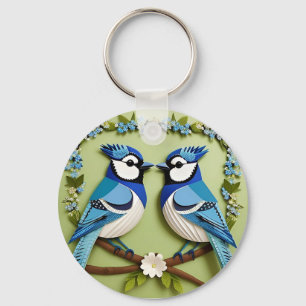 Blauwe Gaaien Papier Kunst Sleutelhanger