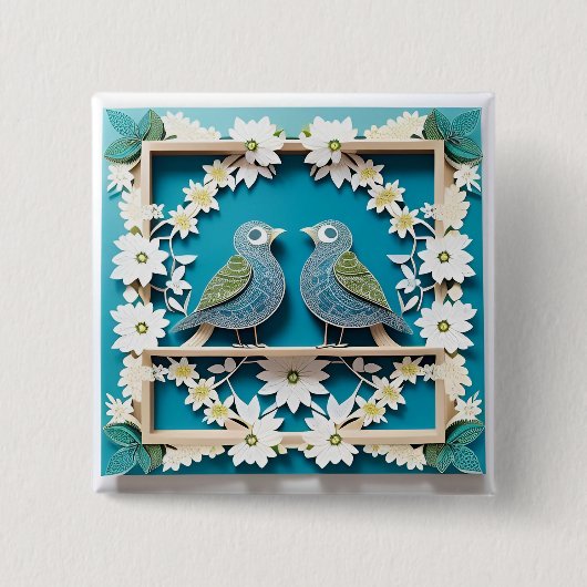 Blauwe Gaaien Papier Kunst Vierkante Button 5,1 Cm (Voorkant)