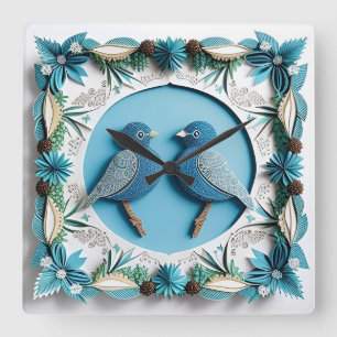 Blauwe Gaaien Papier Kunst Vierkante Klok