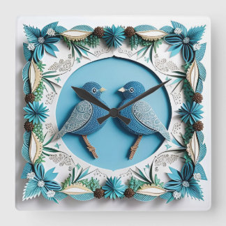 Blauwe Gaaien Papier Kunst Vierkante Klok