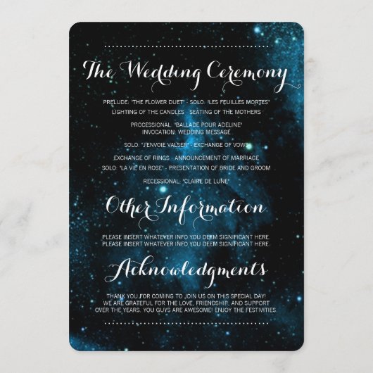 Blauwe Galaxy bruiloft programma's (Achterkant)