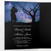 Blauwe Galaxy Romantisch Paar Foto Bruiloft Drieluik Uitnodiging (Binnenzijde eerst)