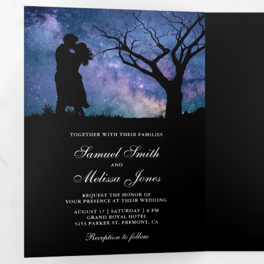 Blauwe Galaxy Romantisch Paar Foto Bruiloft Drieluik Uitnodiging (Binnenzijde eerst)