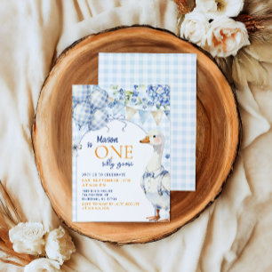 Blauwe Gans Eerste Verjaardagsuitnodiging Cute Gin Kaart