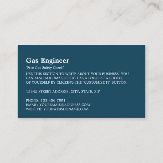 Blauwe gasring, gasingenieur en -leverancier visitekaartje (Achterkant)