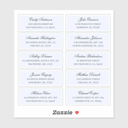 Blauwe gasten namen adres. Bruiloft verzendlabels Sticker (Vel)