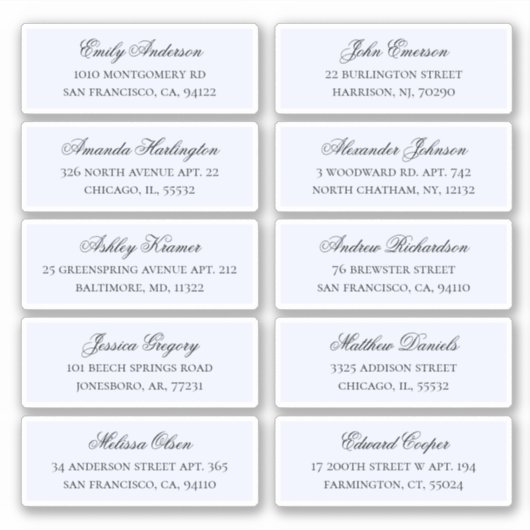 Blauwe gasten namen adres. Bruiloft verzendlabels Sticker (Voorkant)