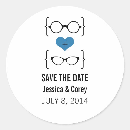 Blauwe Geeks Bril Save the Date Stickers (Voorkant)