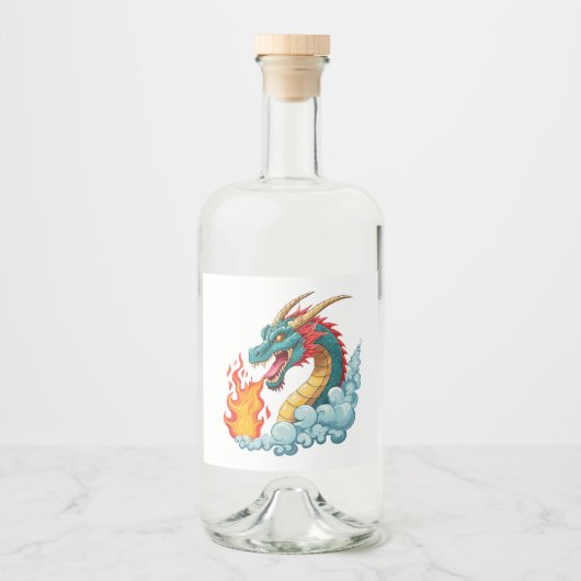 Blauwe gehoornde draak likeurfles etiket (Voorkant)
