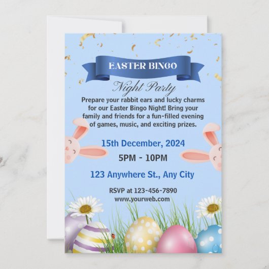Blauwe Geïllustreerde Uitnodiging voor Paasbingo-a (Voorkant)