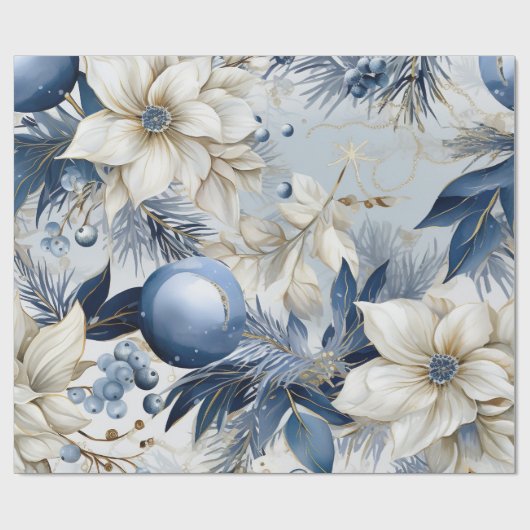 Blauwe  geïnspireerde bloemen cadeaupapier (Vlak)