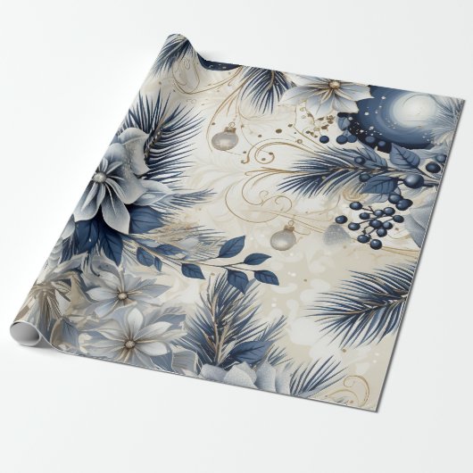 Blauwe  geïnspireerde bloemen cadeaupapier (Uitgerold)