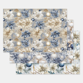 Blauwe  geïnspireerde kerstbloemen inpakpapier vel