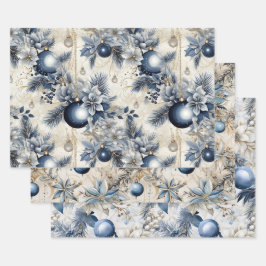 Blauwe  geïnspireerde kerstbloemen inpakpapier vel