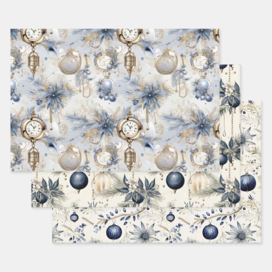 Blauwe  geïnspireerde kerstbloemen inpakpapier vel (Set)