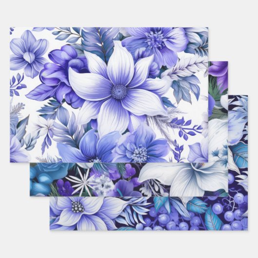 Blauwe  geïnspireerde kerstbloemen inpakpapier vel (Set)