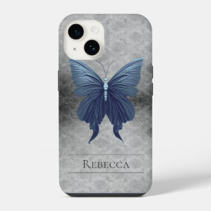 Blauwe Gejuweelde Vlinder Damast iPhone 14 Hoesje