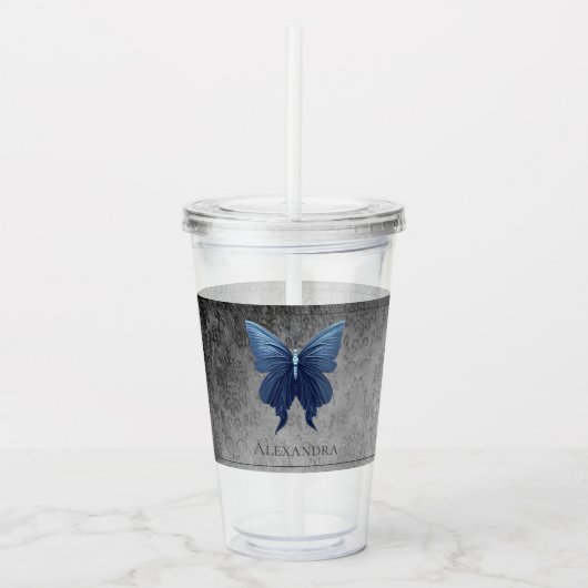 Blauwe gejuwelde vlinder acryl drinkbeker (Voorkant)