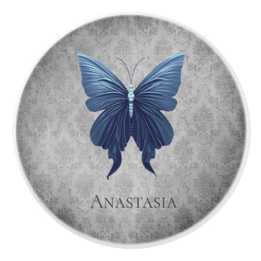 Blauwe gejuwelde vlinder keramische knop (Voorkant)