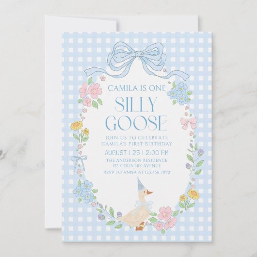 Blauwe Gekke Gans Floral Gingham 1e verjaardag Kaart (Voorkant)